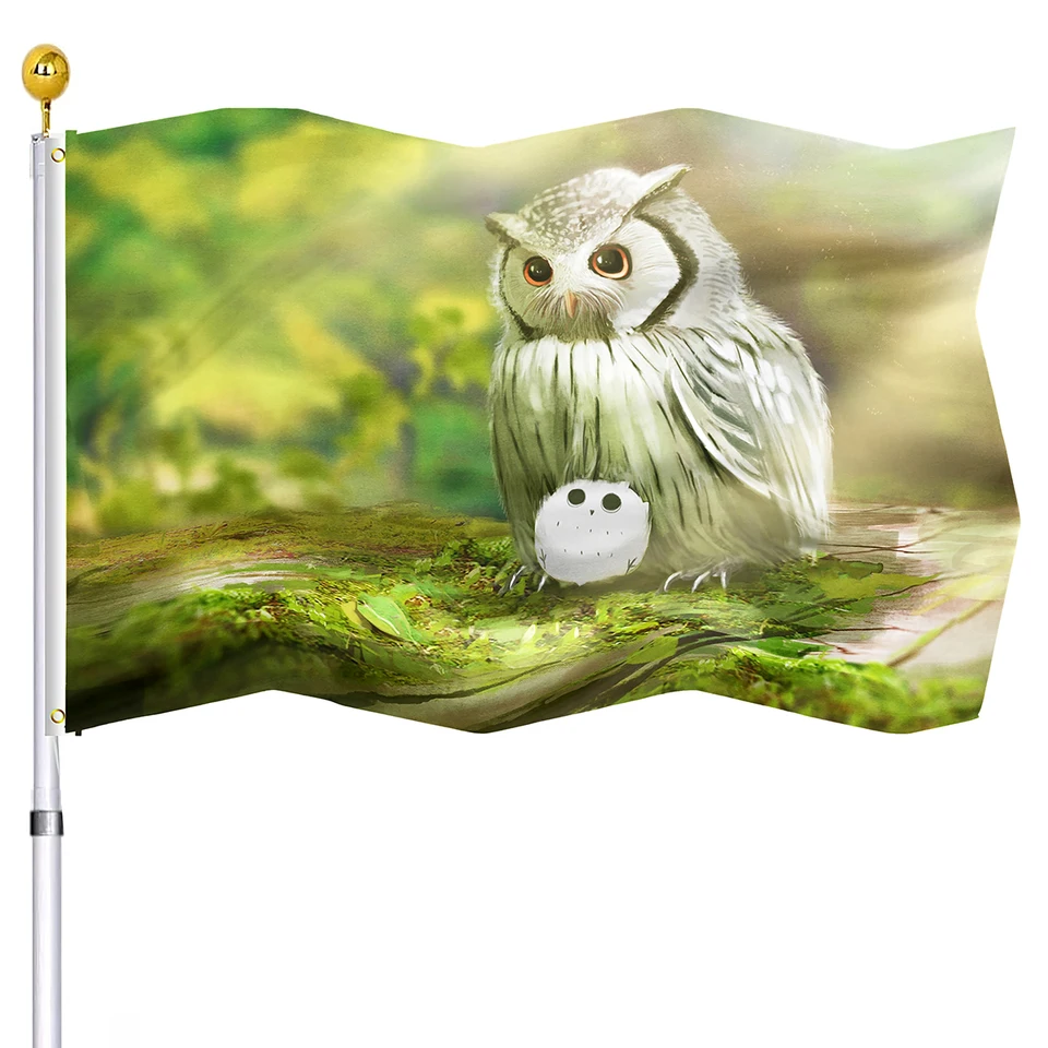 Owl Flag Zelené pozadie dvojité prešívané vlajky Bannery s mosadznými priechodmi dom dom Indoor Verand Outdoor Decor for Women Men Darčeky