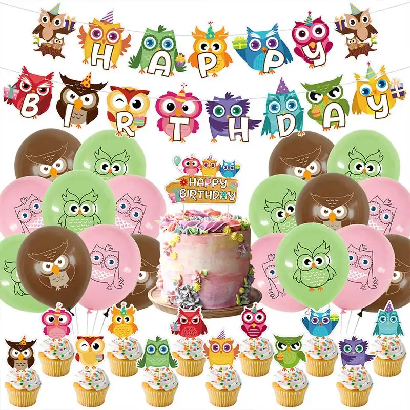 Owl Happy Birthday Party Decoration Cake Topper Animal Latex Balón Banner bábätká dekorácia Dieťa fotografické rekvizity Dodávky