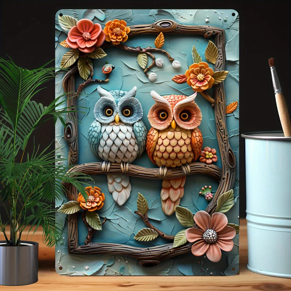 Owl Wall Art Decor Sign - 2D efekt jar/leto téma pre dom a záhradu - odolný pre spálňu, obývaciu izbu, kúpeľňu, obchod