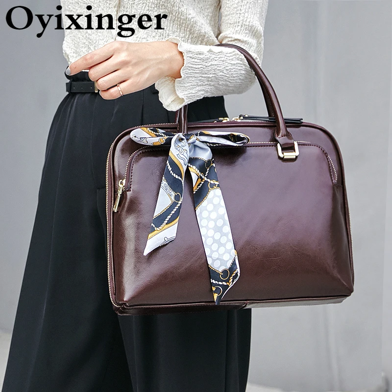 Oyixinger New Luxury Women, aktovka Skutočná koža Business ramená tašky Ladies Office Laptop Tašky pre 13 