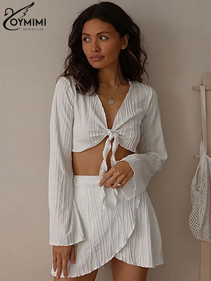 Oymimi Casual White Loose Two-Pit pre ženy módne V-krk s dlhým rukávom Lace-Up Tops a stredné pásové sukne sukne