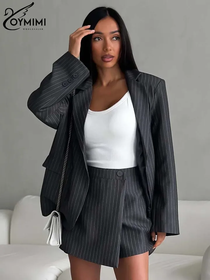 Oymimi Elegantná šedá tlač dvojdielny set pre ženy módne klopy s dlhým rukávom Blazers a gombíky štíhle mini sukne