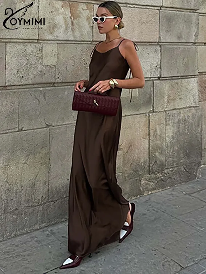 Oymimi elegantné hnedé tenké dámske šaty módne špagety remienok Otvorené zadné šaty ležérne šaty s rovnou podlahou Streetwear