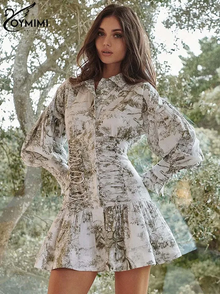 Oymimi kauzálna biela tlač dámske šaty elegantné obväzové šaty s dlhým rukávom módne módne posuvené mini šaty ženské