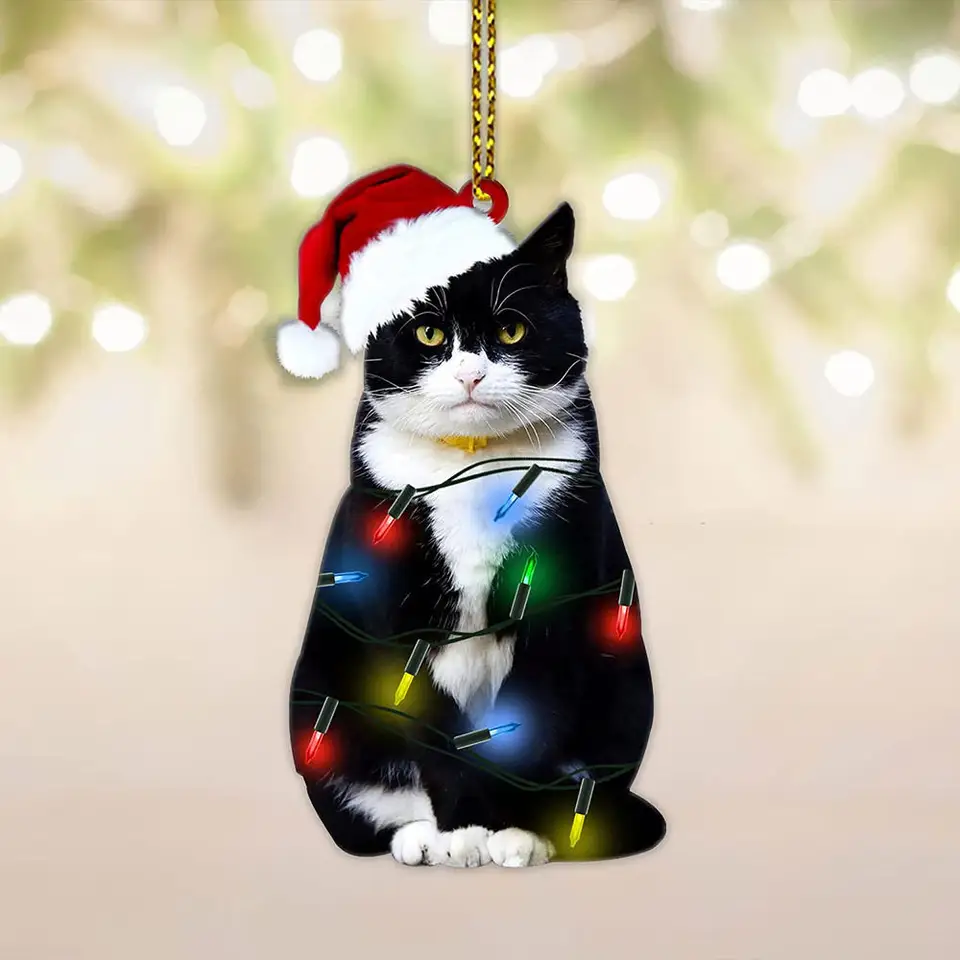 Očarujúca čierna mačka vianočná ozdoba 2D akrylové zavesenie dekorácie pre stromové zrkadlo Keychain Kid Vianoce