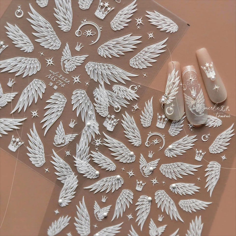 Očarujúce biele lesklé perlové kamienky krídla perie Crown Moon Stars 3d Self Adhesive na nechty nálepka