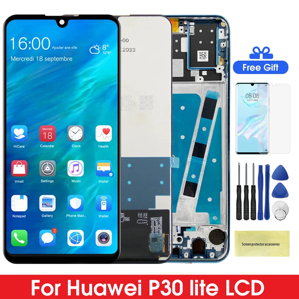 P30 LITE DISPICK SCREE s rámom, pre Huawei P30 LITE mar-L01A Mar-L21A LCD DIGITÁLNE DIGITÁLNE TOONTICKÉ SCREE pre HUAWEI P30 LITE
