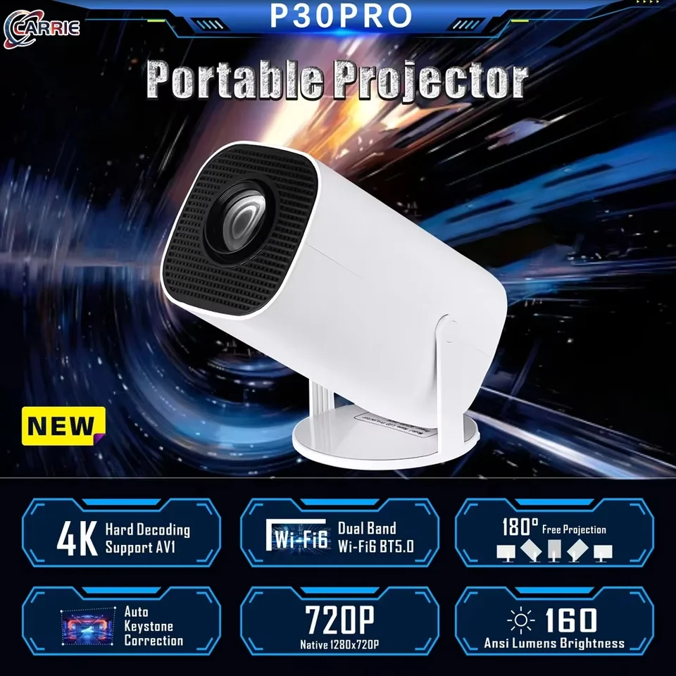 P30 Pro Mini Projector Smart Home Theatre WiFi6 BT 5.0 Android 12 4K Ultra HD Mobile Projection Game Project
