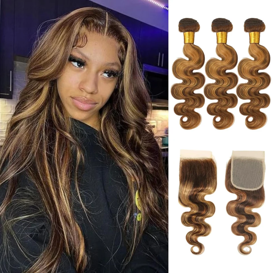 P4/27 Body Wave Bundles so zatváraním ľudských vlasov 10a hrubá dráha Virgin Brazílske zväzky s 4x4 čipkovaným uzáverom Balayage Remy
