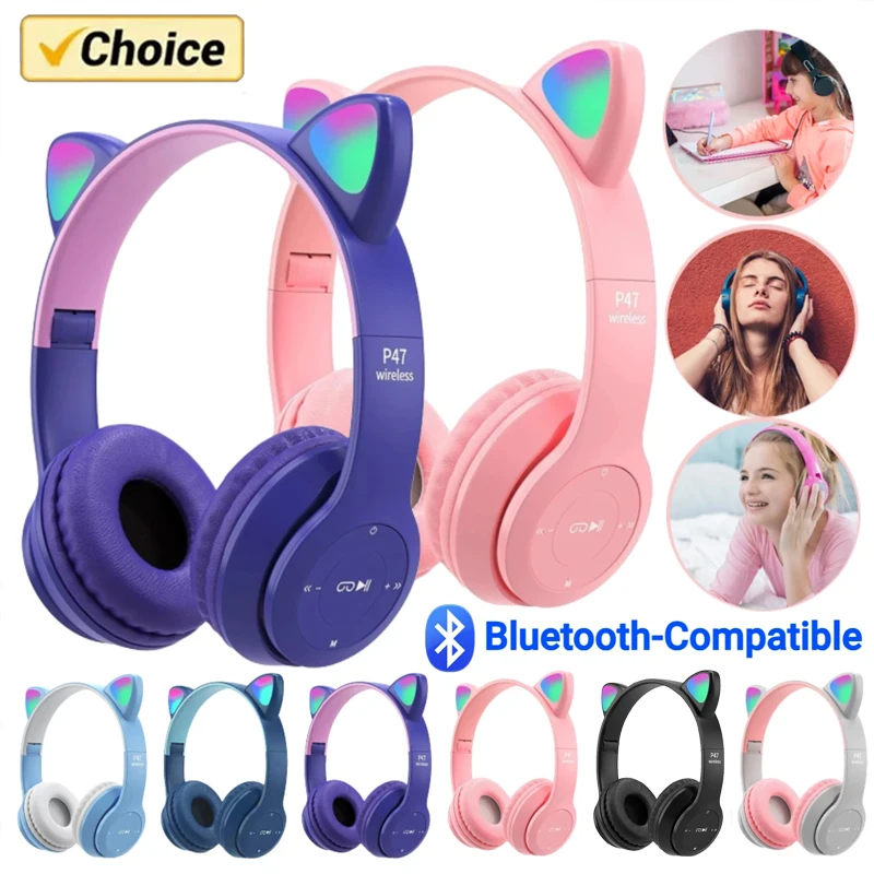 P47m Wireless pre slúchadlá Flash svetlo roztomilé uši mačiek Fone s mikrofónom LED LED stereofónna hudobná prilba telefón Bluetooth