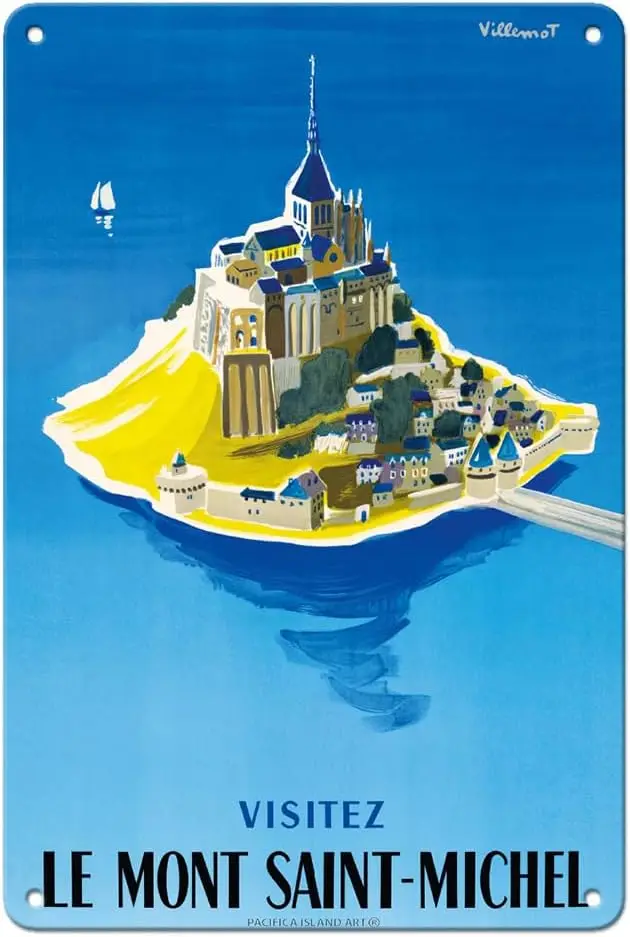 Pacifica Island Art Navštívte Le Mont Saint -Michel - Normandy Francúzsko - Vintage cestovný plagát od Bernarda Villemota c.1955-8 x 12 palcov