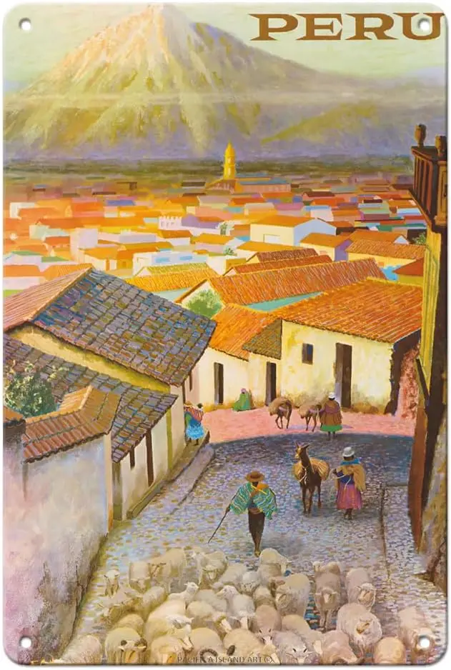Pacifica Island Art Peru - Arequipa Village Južná Amerika - El Misti Volcano (Putina) - Vintage cestovný plagát od FC Hannon C.