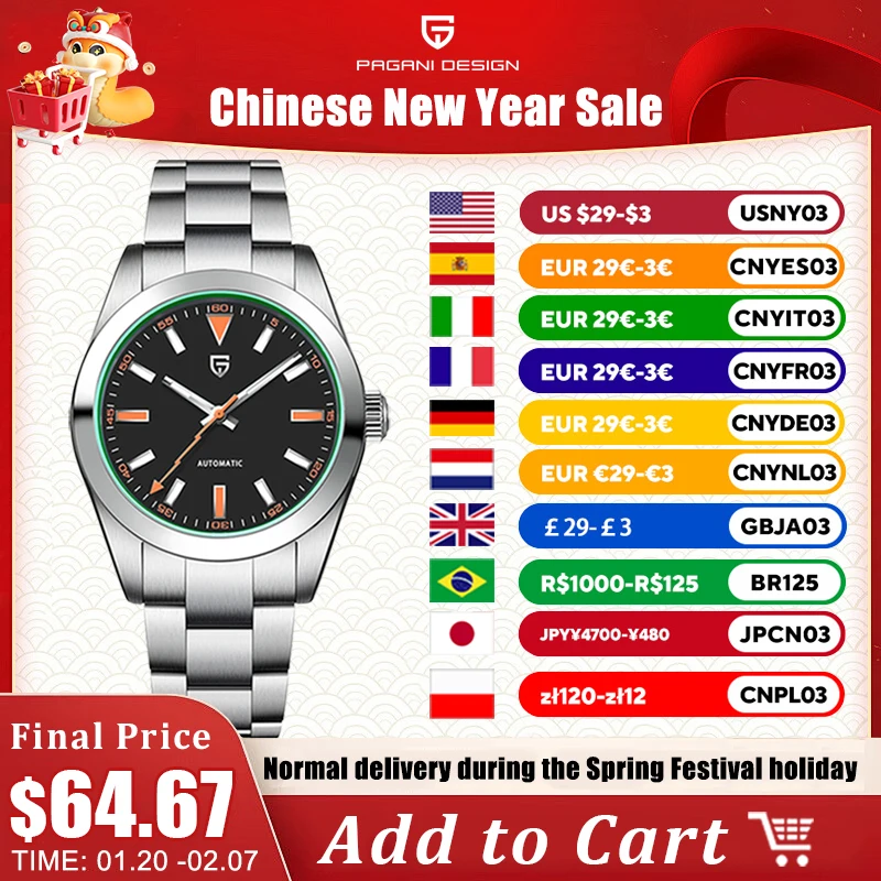 Pagani Design Men's Watches Top Brand Luxury Mechanical Green Sapphire Glass Automatické hodinky Men NH35A Nerezové športové hodiny