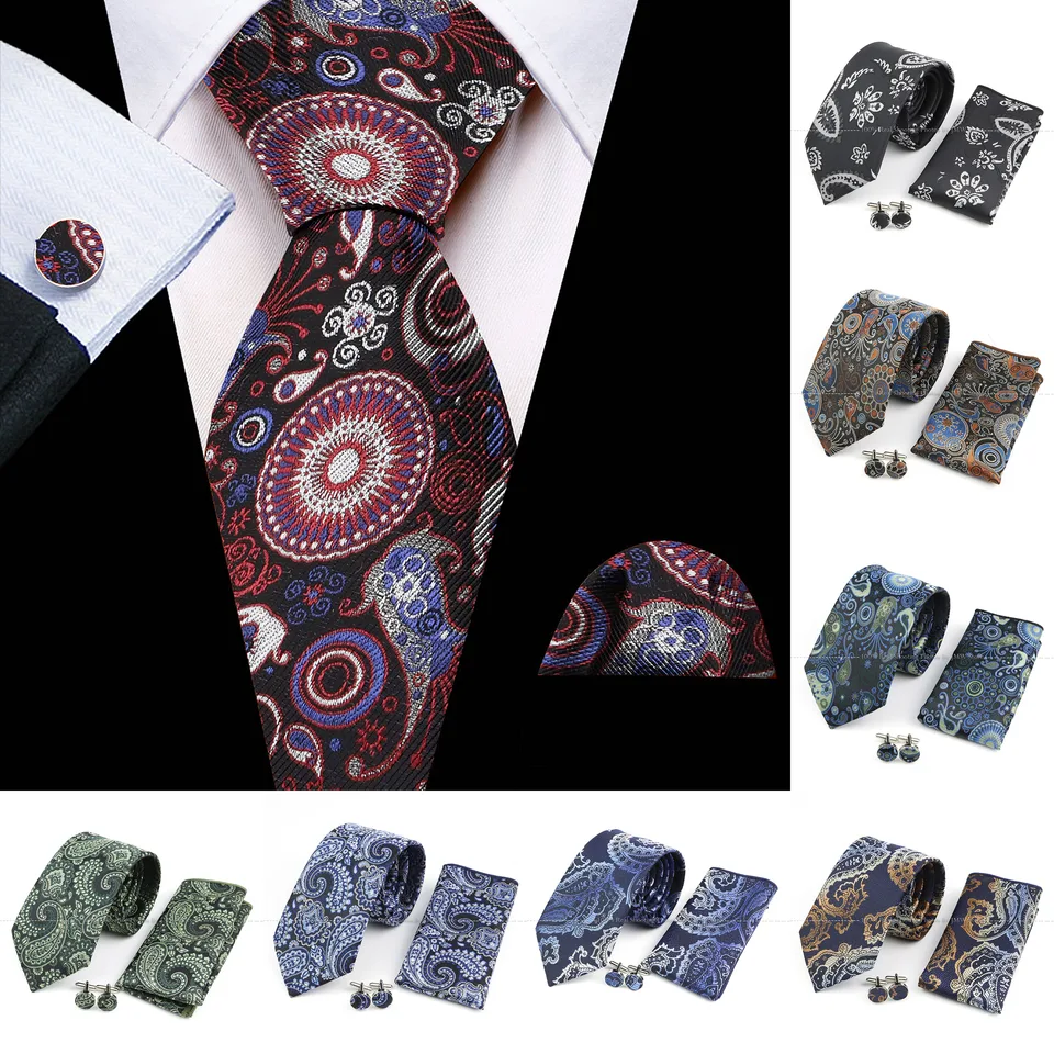 Paisley Wine Brown Green Novinka dizajnér hodvábna svadobná kravata pre mužov Hanky ​​Cufflinks Darček pánske módne krava