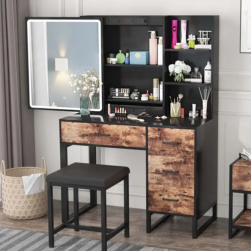 Pakasept Vanity Set s posuvným osvetleným zrkadlom, márnosť make -up márnosti s LED svetlami, 4 zásuvky, skryté