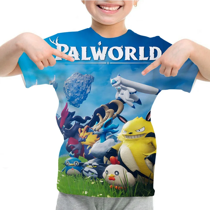 Palworld Cartoon Game Pattern Tshirts Dievčatá Dievčatá Zábava Zahrajte si krátky rukáv Kids 3D tlač Tričko Teen Polyester Tops O krk Tshirt Tshirt
