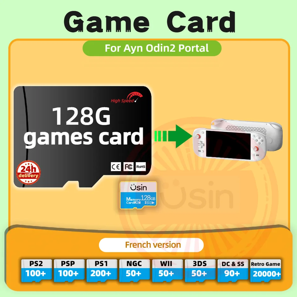 Pamäťová herná karta pre Ayn Odin2 Portal Mini francúzska verzia Retro PS2 PSP Games Android Gaming Portable Console SD TF H-Speed ​​128G