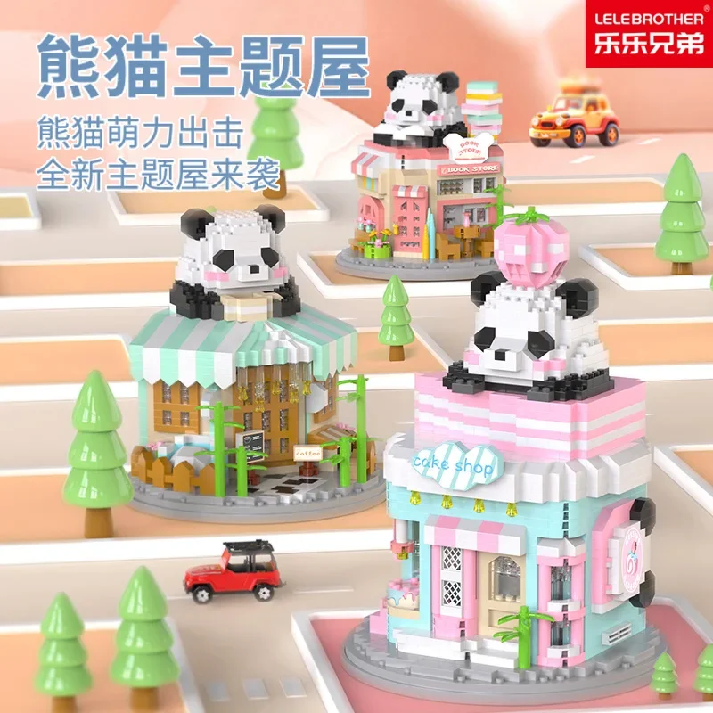 Panda Street View Micro Building Blocks DIY Bookstore 3D Model MOC Kaviareň Mini tehlové hračky na vianočný darček