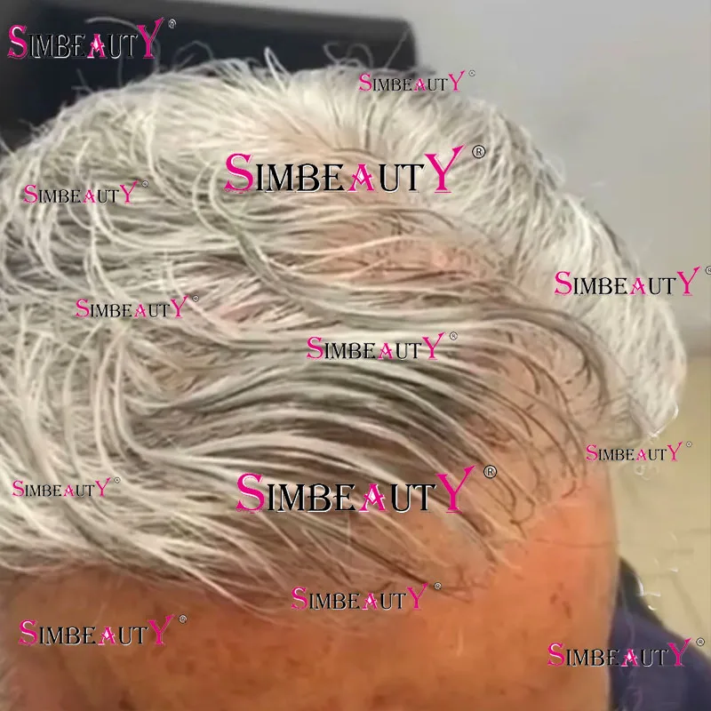 Pani WIG 1B80 šedá 80% Hustota ľudská vlasová vlna 0,02 mm tenká pokožka Toupee V-Looped Silikón Full PU náhradný systém protézy