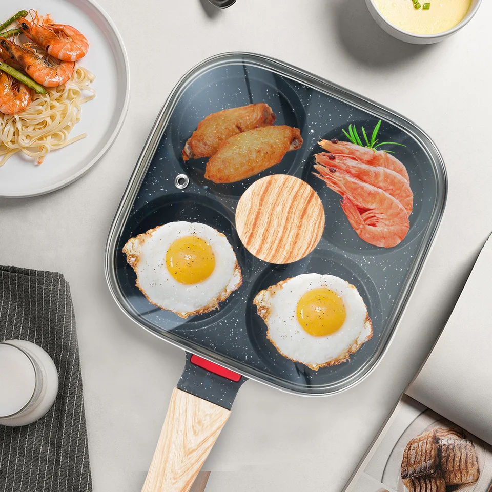 Pank na prasknutie vajec s vekom 4 jamky omeleta panvice nonstick Pancake Fraing Pan Multifunkčná vaječná panvica omeleta panvica vyprážaná vaječná panvica