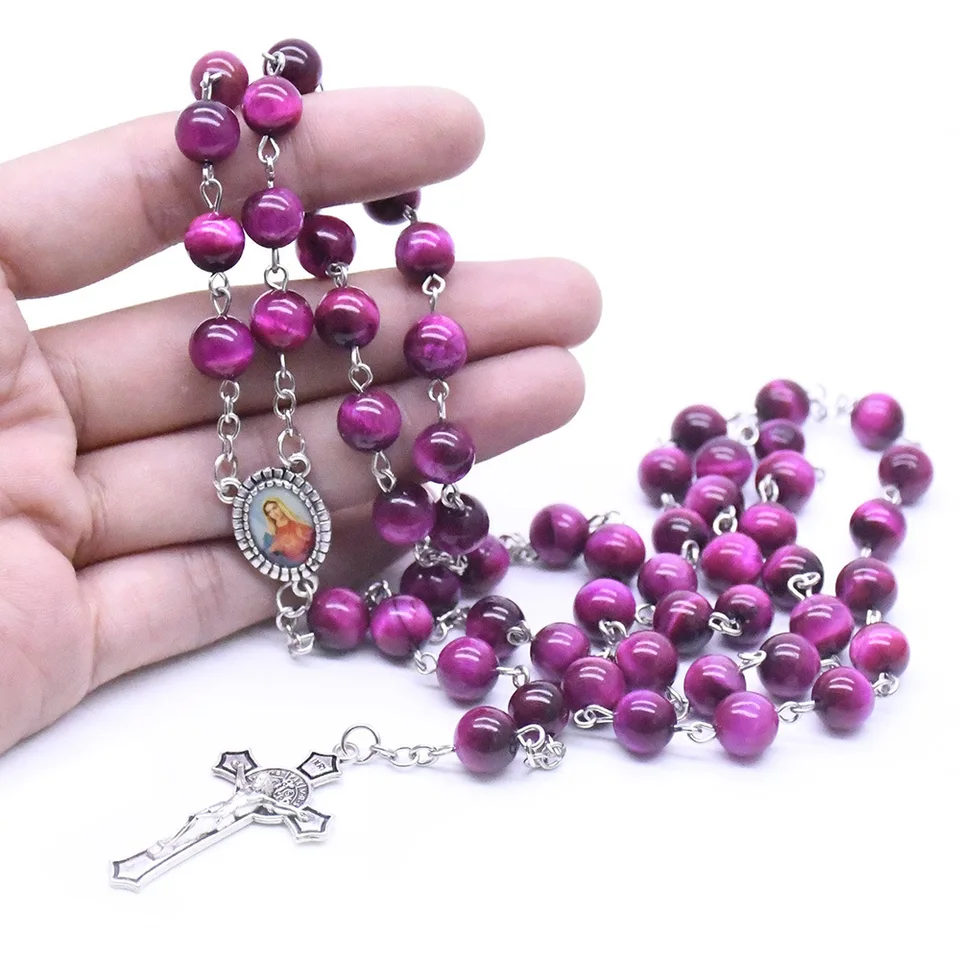 Panna Plum Red Natural Tiger Eye Stone Cross ružený náhrdelník modlitebné korálky kresťanské kostolné zásoby