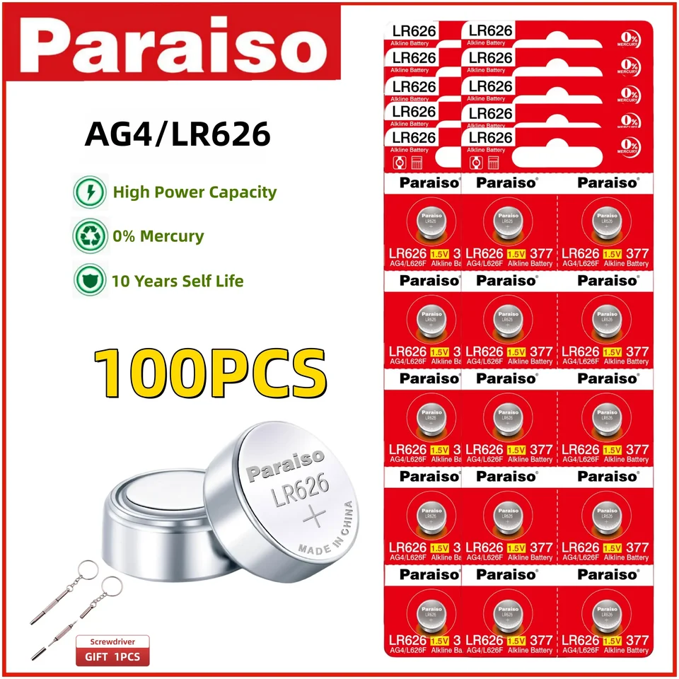 Paraiso 4-100ks SR626SW Button Cell Coin AG4 377S 377 LR626 1,5 V 10 rokov Self Life Batérie pre výmenu sviečok na sledovanie sviečok