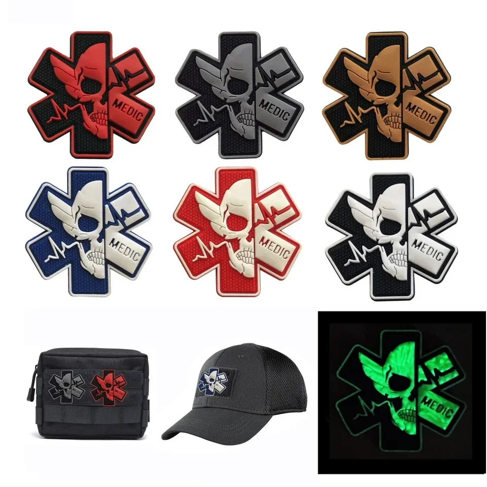 Paramedic Hook Patches lebka odznak Medic Military Tactical Glow in Dark PVC Patch Medical Shewing Accessories Nálepka pre oblečenie