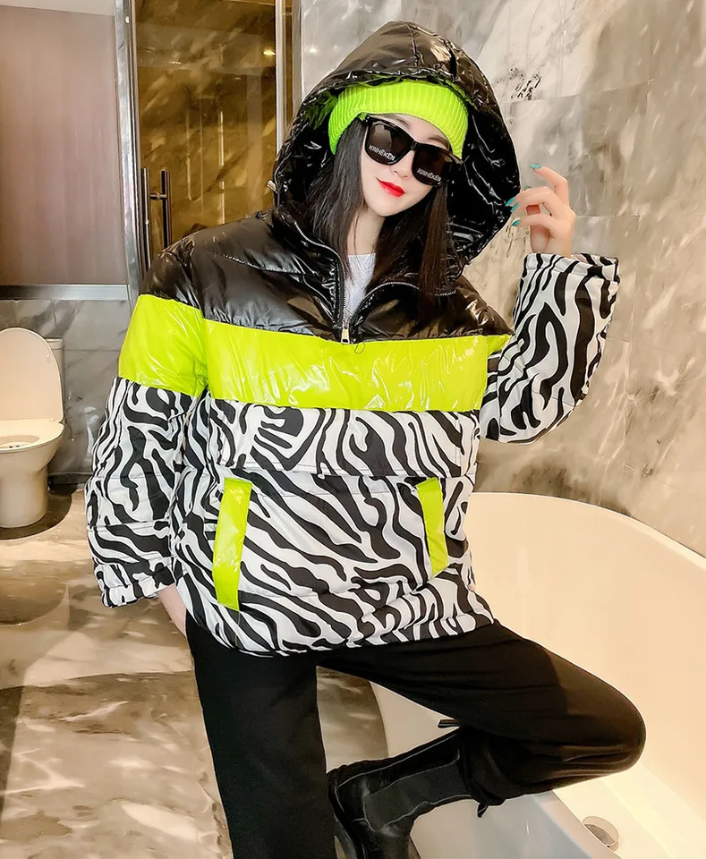 Parka Women Winter Down bunda plsysh zebra vzor vytlačené bundy kabáty Dám
