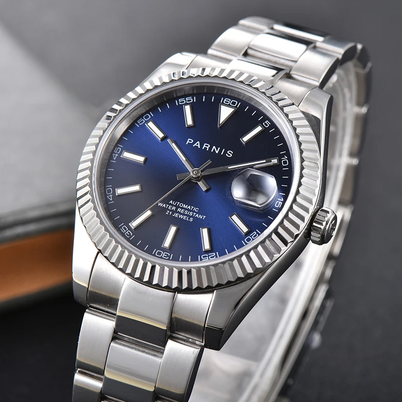 Parnis 39,5 mm modrý číselník Miyota 8215 Pánske hodinky Kalendár Sapphire Crystal Automatické mechanické mužské náramky 2024