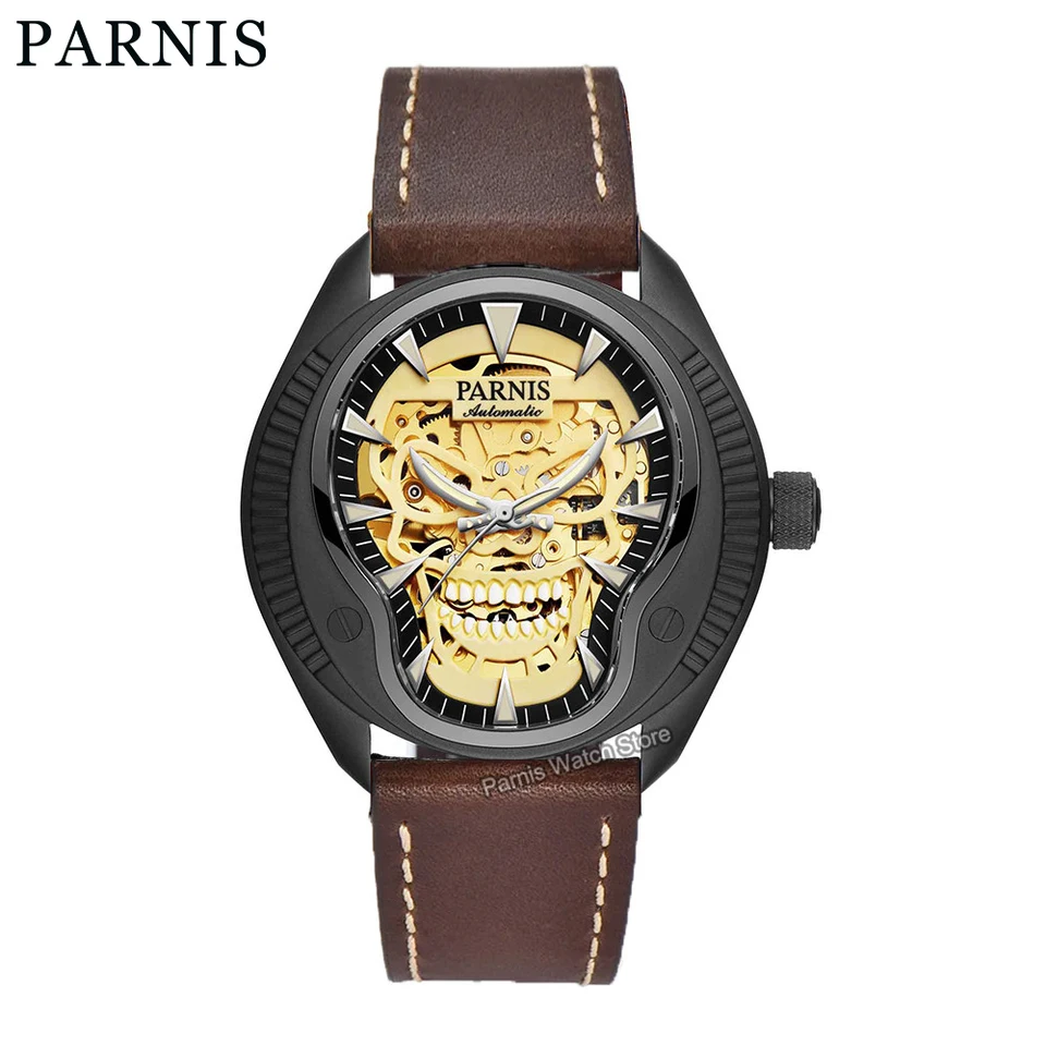 Parnis 43 mm zafír Crystal Cool lebky číselník Miyota 8N24 Automatické muži Mechanické hodinky