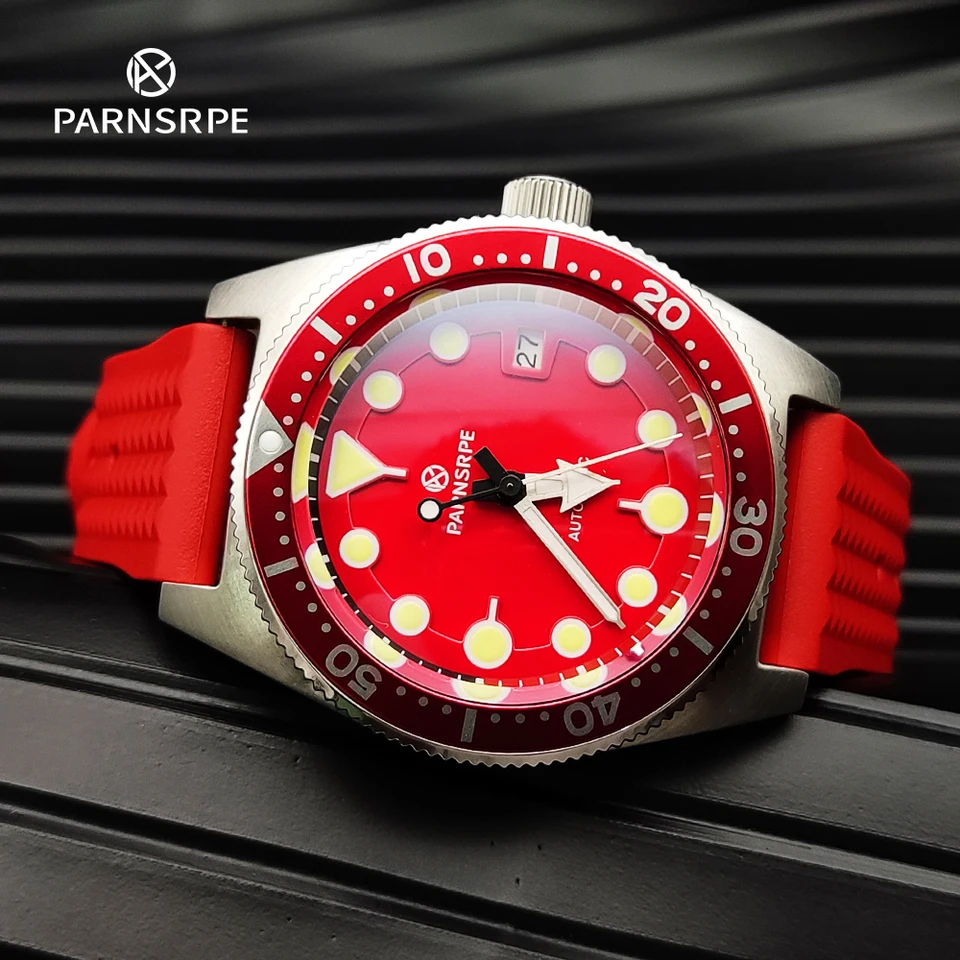 Parnsrpe Luxusné pánske hodinky 40 mm zafírové sklo Red Temed Automatické mechanické hodinky NH35 s aseptickým vytáčaním skrutkovacím zámkom