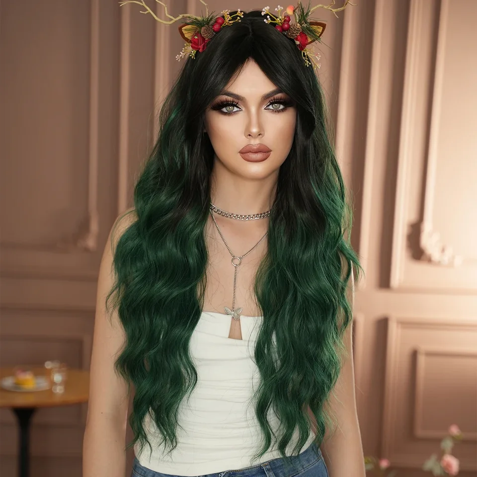 Parochne kostýmy NAMM Dlhé vlnité smaragdové zelené parochne tela s tmavými koreňmi s vysokou hustotou syntetickou tepelnou parochňou stredne rozdelené parochne
