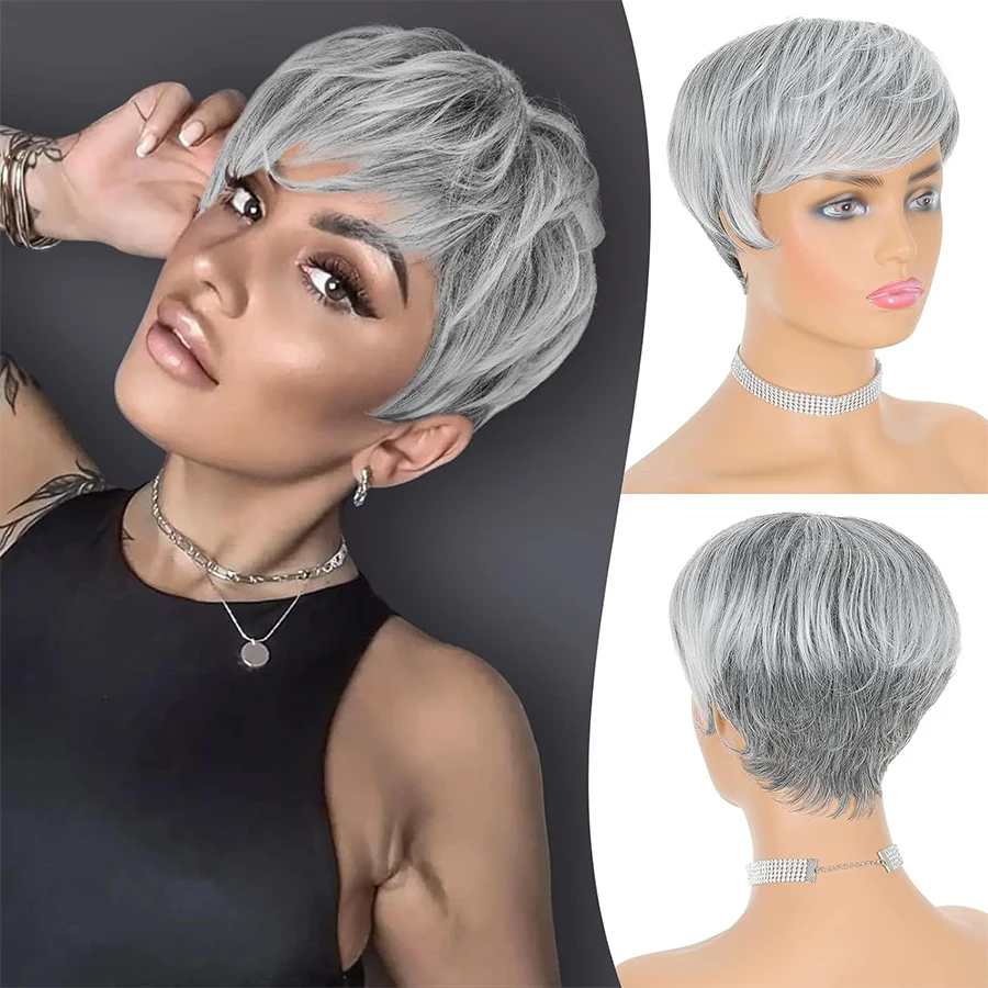 Parochne strihané parochne Syntetické krátke ombre sivé pixie strihanie parochne s treskami vrstvená parochňa Wig Wavy Grey zmiešané čierne parochne pre ženy