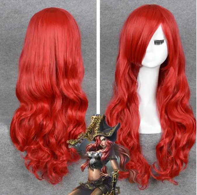 Parochňa lol slečna bohatstvo cosplay dlhé zvlnené kučeravé červené tepelne odolné voči vlasovým parochňou