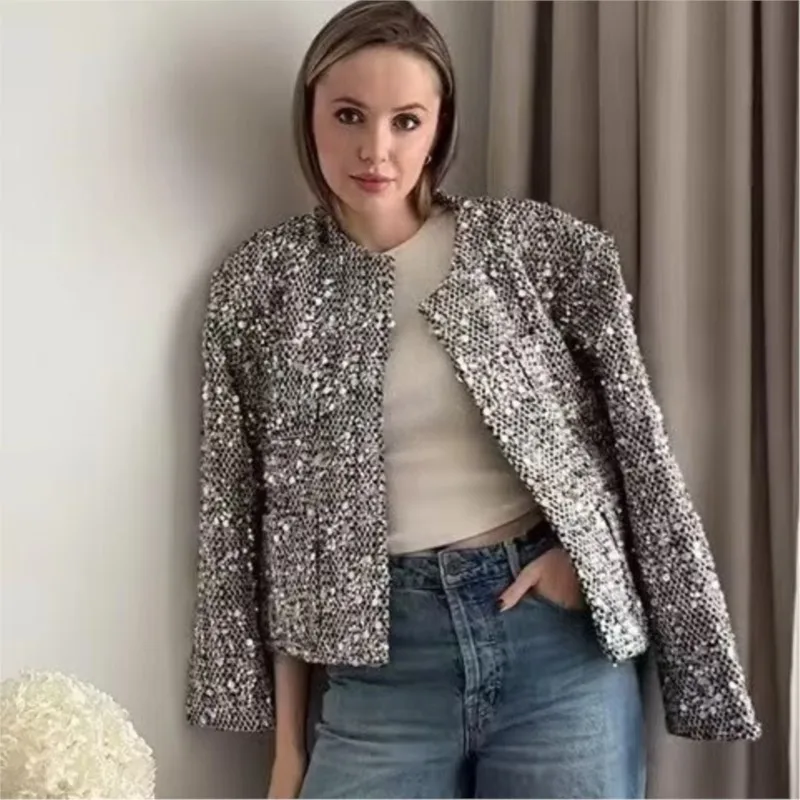 Party Club Chic Shiny Blazer Sliver Flitry Dámska bunda s dlhým rukávom Slim Mardigan Dress Up Streetwear Otvorené predné ženské oblečenie