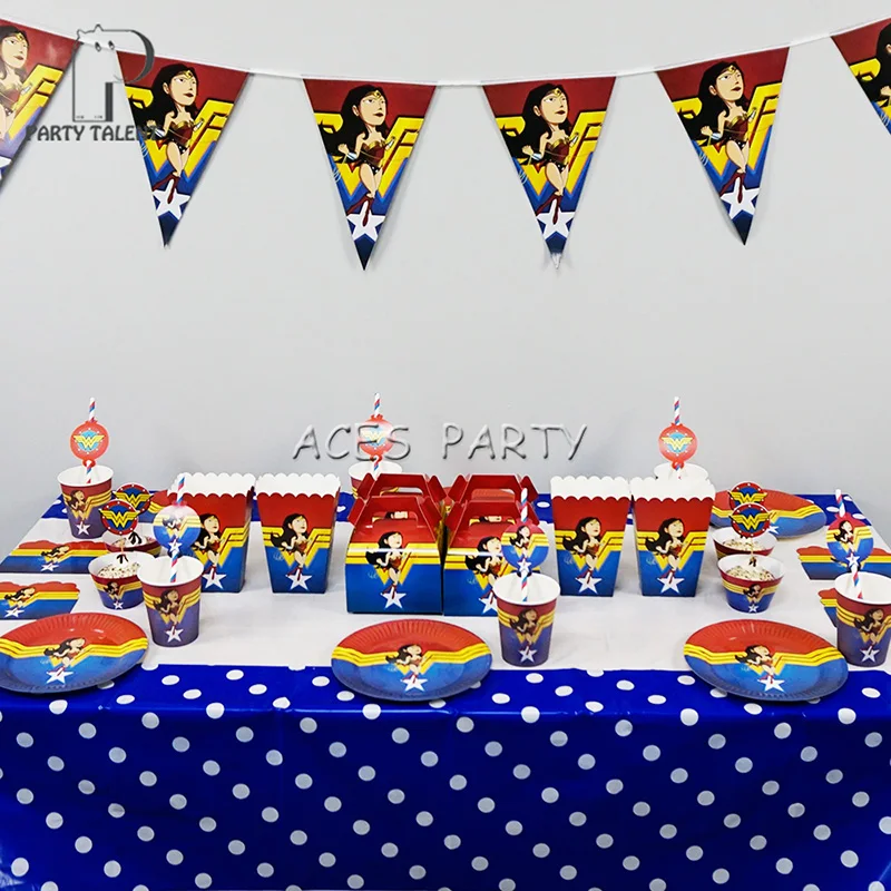 Party Combo Set pre 12 detí Wonder Girl narodeniny bábätká Party Dodávky na jedno použitie obrusový obrus na stole