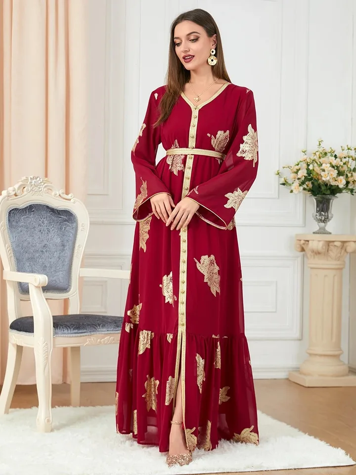 Party šaty moslimské abaya žien Dubaj 2024 Iron s dlhým rukávom v krku V-krk maxi dláždené páske pásky pásik kaftan split hem vestidos