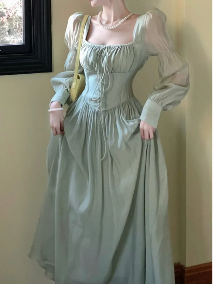 Party šaty Ženy Elegantné francúzske vintage prom robe princezná A-line šnuruje vysoký pás jeden kus Vestidos mujer nový