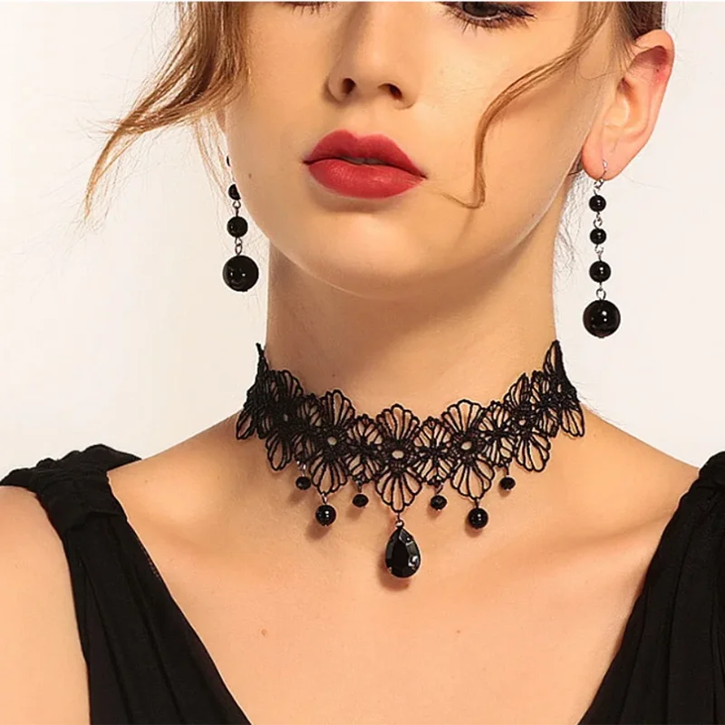 Party šperky gotické čierne korálkové kvety Sexy čipkovaný krk Choker náhrdelník vintage retiazka Tassel retiazky Ženy Steampunk Halloween šperky