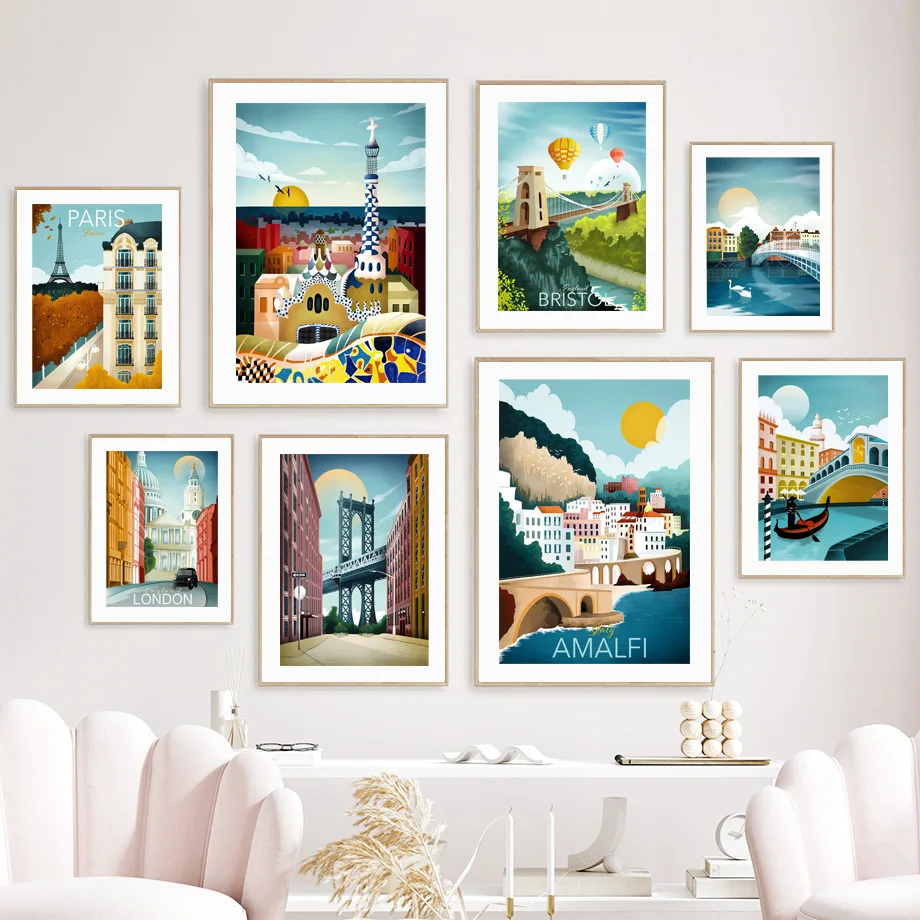 Paríž Benátky Londýn New York Thajsko Travel Wall Art Canvas Painting Nordic Plagáty a výtlačky dekorácie obrázky pre obývaciu izbu