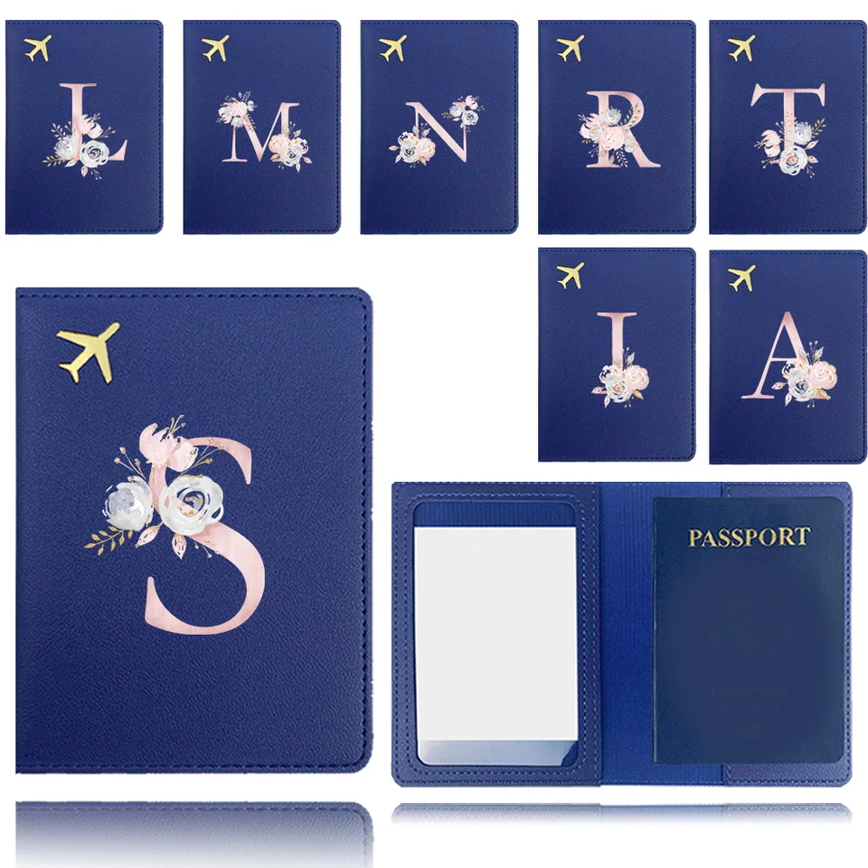Pas Passport Cover Airplane Travel Passport Case Business Passport Clip Clice Card Organizátor Pink Flower Letter Pattern