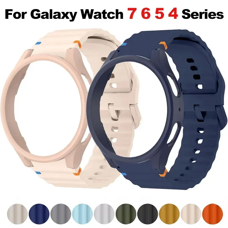 Pase+popruh pre Samsung Galaxy Watch 7 6 5 4 40 mm 44 mm Silikónové oficiálne pásové krytie PC Ochranný nárazník pre Galaxy Watch 6Classic