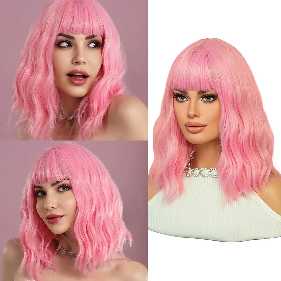 Pastel Bob Parochne s ranami pre ženy prírodné zvlnené syntetické cosplay ružová parochňa pre dievča 14 