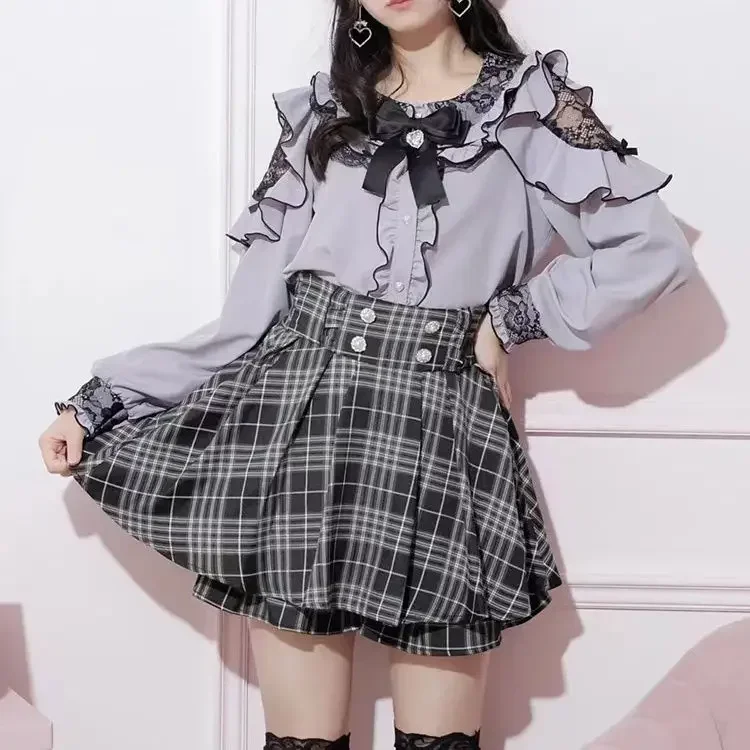 Patchwork Bow tričko Ženy kawaii jk sladké rufované topy Blusas camisa japonské dievča Lolita s dlhým rukávom blúzka y2k estetická čipka