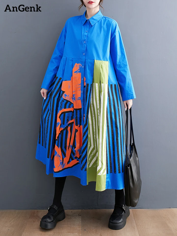 Patchwork s dlhým rukávom Vintage tlačové šaty pre ženy voľné príležitostné midi šaty módne elegantné oblečenie jar jeseň 2024
