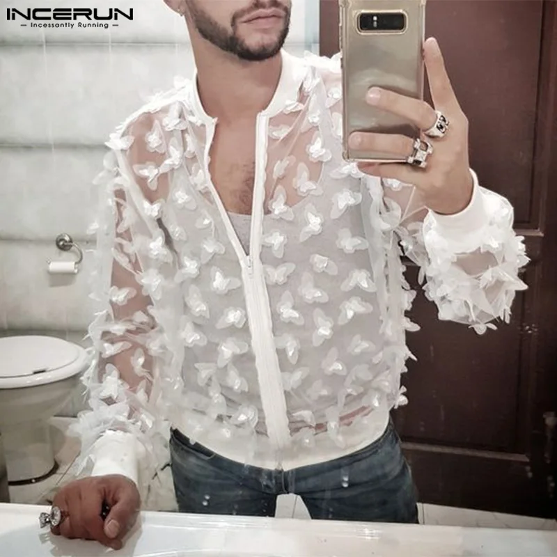 Patchwork s košeľou Patchwork Priehľadné s dlhým rukávom Zipper mužov oblečenie Streetwear Sexy 2024 módne večierky neformálne košele Incerun
