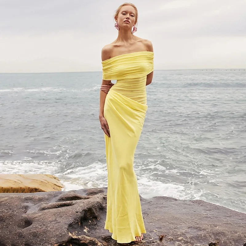 Patchwork so žltou sieťou Slim Maxi Dresses for Women Spring Sexy Off Even Party Daysy Saty s krátkym rukávom Elegantné šaty 2025
