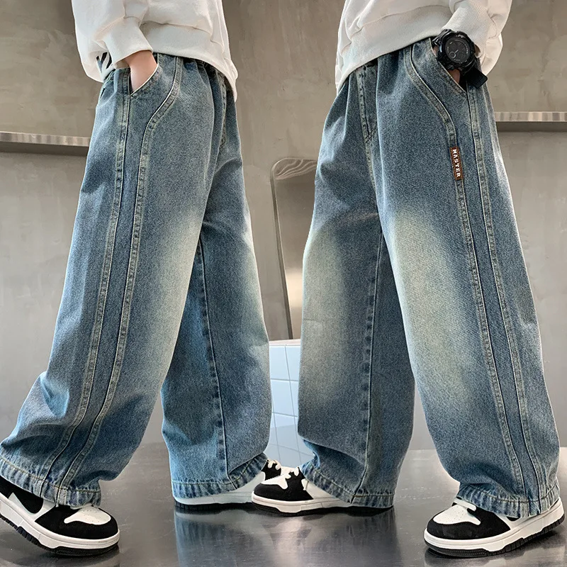 Patchworkové džínsy pre veľké chlapci nohavice Spring Autumn Boys nohavice detské vrecká na širokopásmové oblečenie Teenager pre 120-170 cm
