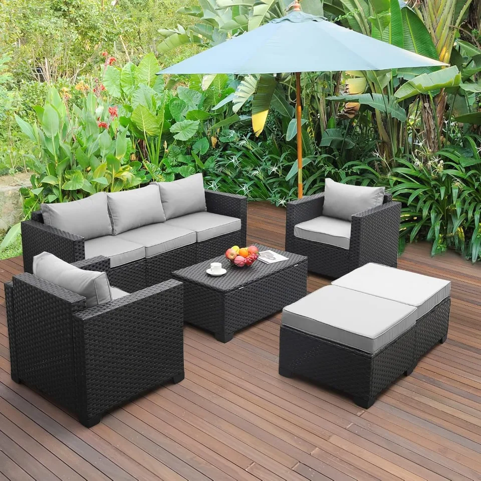 Patio prútený nábytok sada vonkajšia prútená konverzácia Couch Section Stolička Sada s šedými vankúšmi