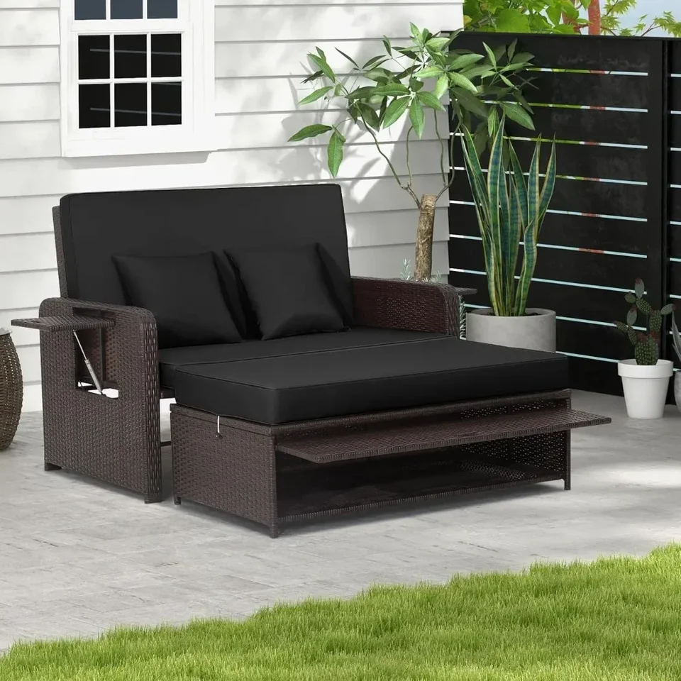 Patio Rattanová sada denných postelí, Wicker Lovesat Sofa W/viacúčelová osmanská a zatiahnuteľná bočná podnos, 4-úroveň nastaviteľné operadlo